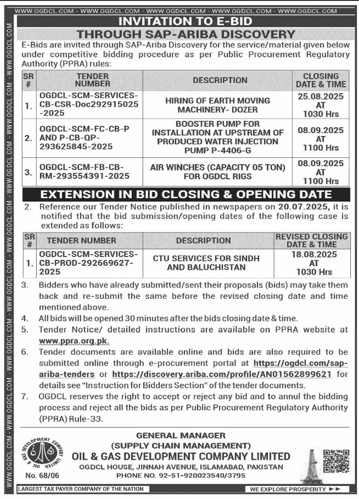 Oil & Gas Development Company Limited Islamabad Tender Notice